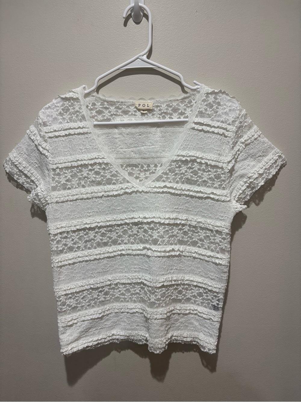 POL Floral Lace V-Neck Short Sleeve Top Stretch Romantic Vintage Charm Feminine